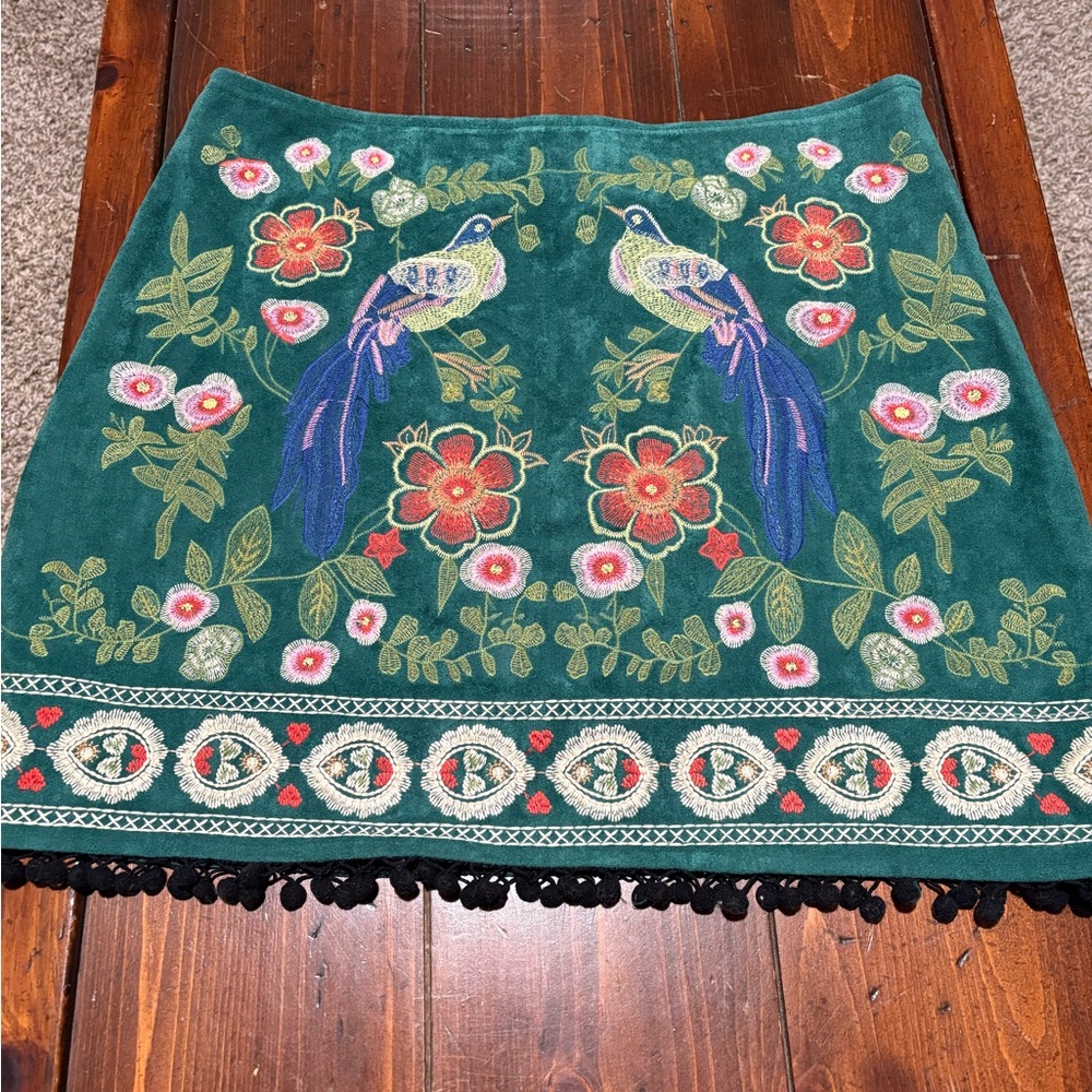 Umgee Green Skirt with birds and Floral Embroidery